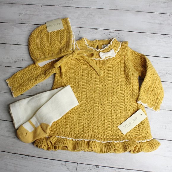 Rachel Zoe Baby Girl's Sweater Dress Bonnet Hat Tights Set Size 6-9 Mo - Picture 1 of 8